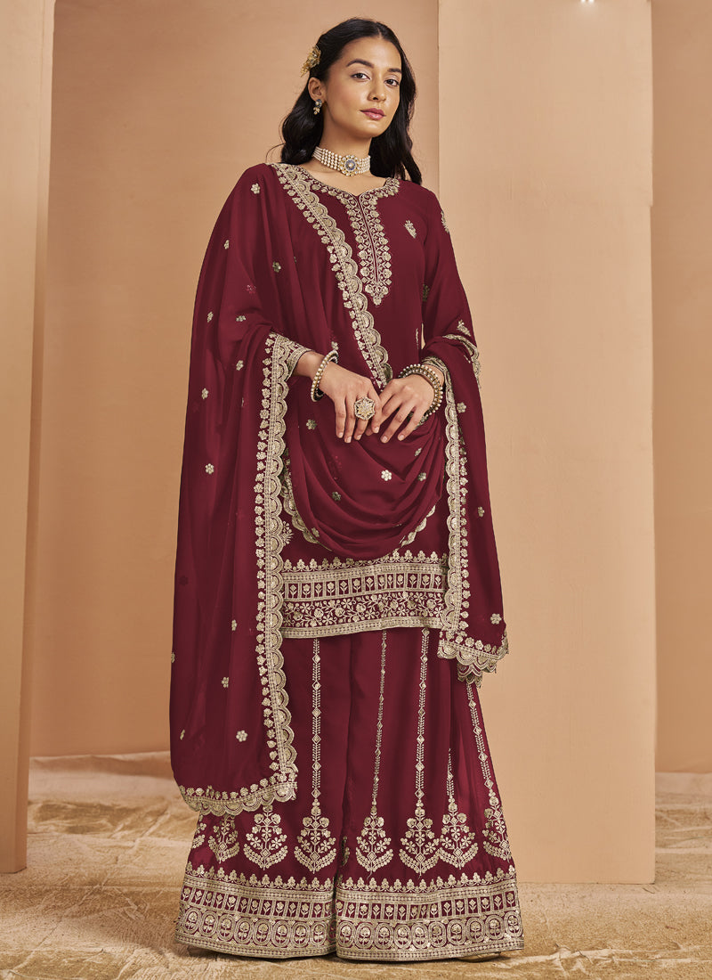 Vegaa Fashion Maroon Faux Georgette Embroidered Palazzo Suit | Grocsy