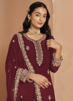 Vegaa Fashion Maroon Faux Georgette Embroidered Palazzo Suit | Grocsy