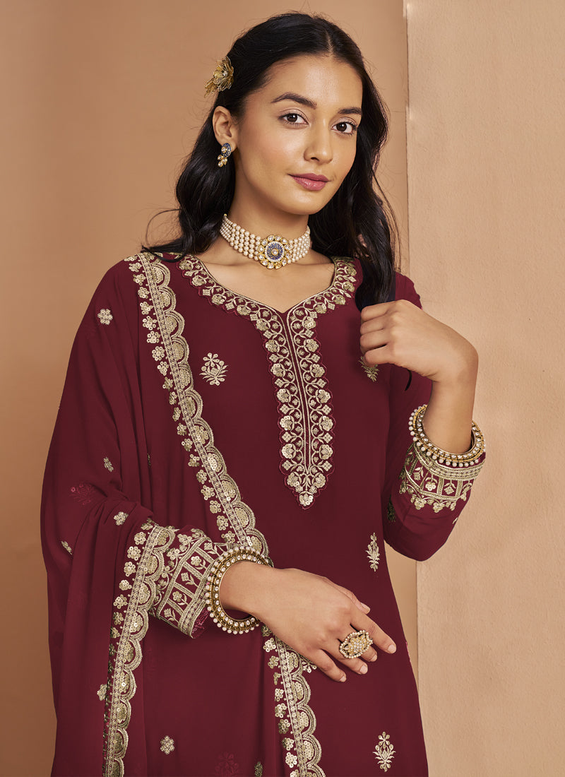 Vegaa Fashion Maroon Faux Georgette Embroidered Palazzo Suit | Grocsy