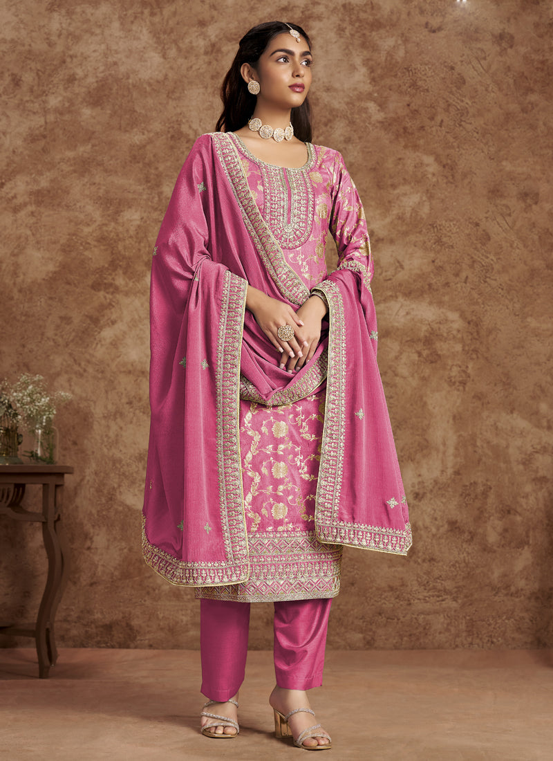 Vegaa Fashion Pink Dola Silk Jacquard Designer Salwar Suit | Grocsy