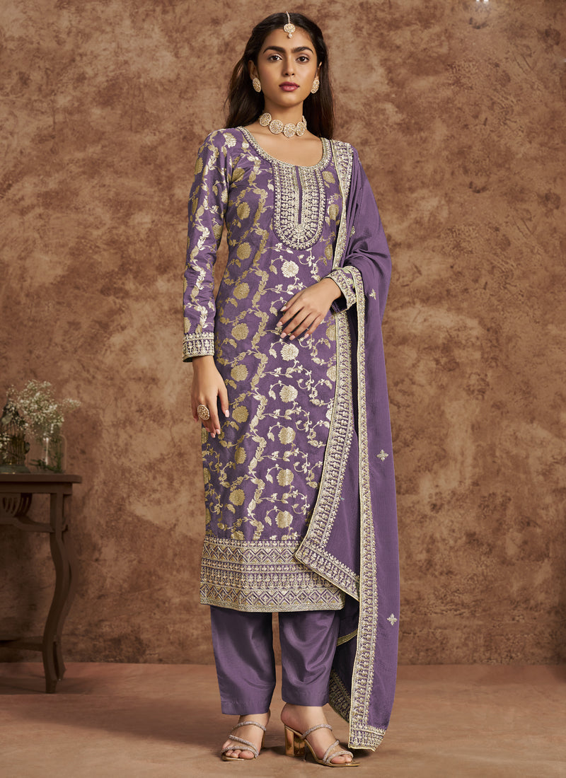 Vegaa Fashion Lavender Dola Silk Jacquard Designer Salwar Suit | Grocsy