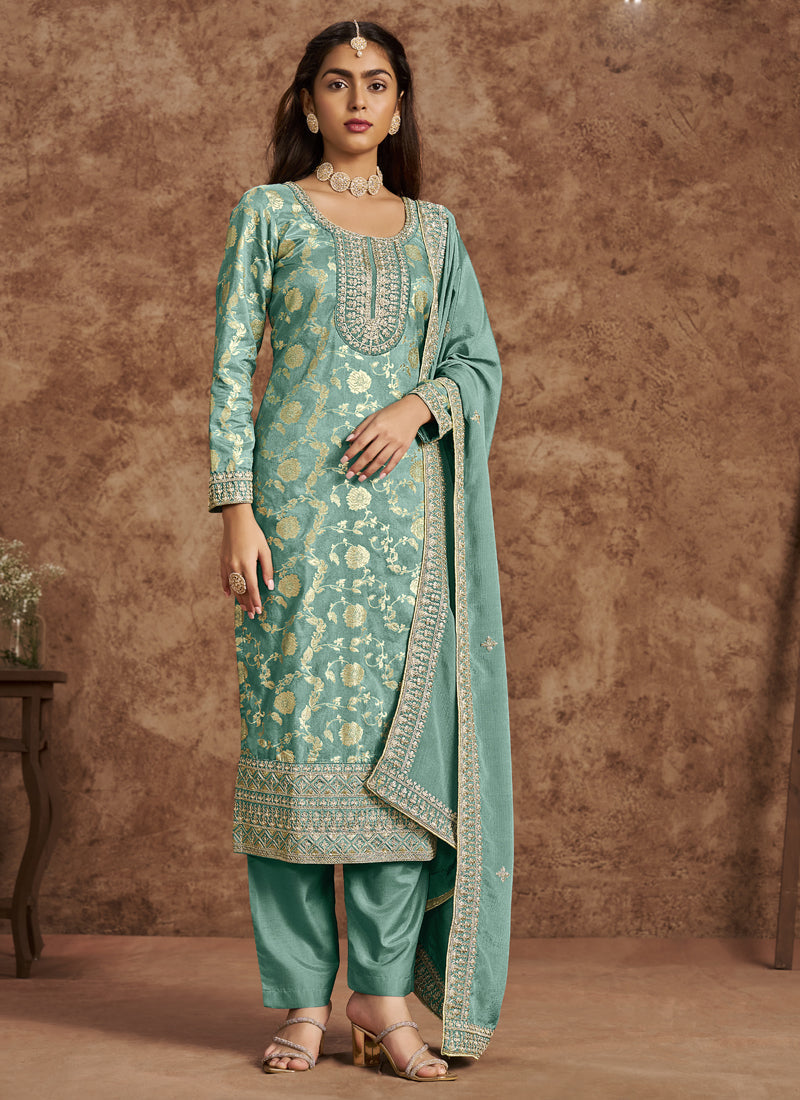Vegaa Fashion Sky Blue Dola Silk Jacquard Designer Salwar Suit | Grocsy