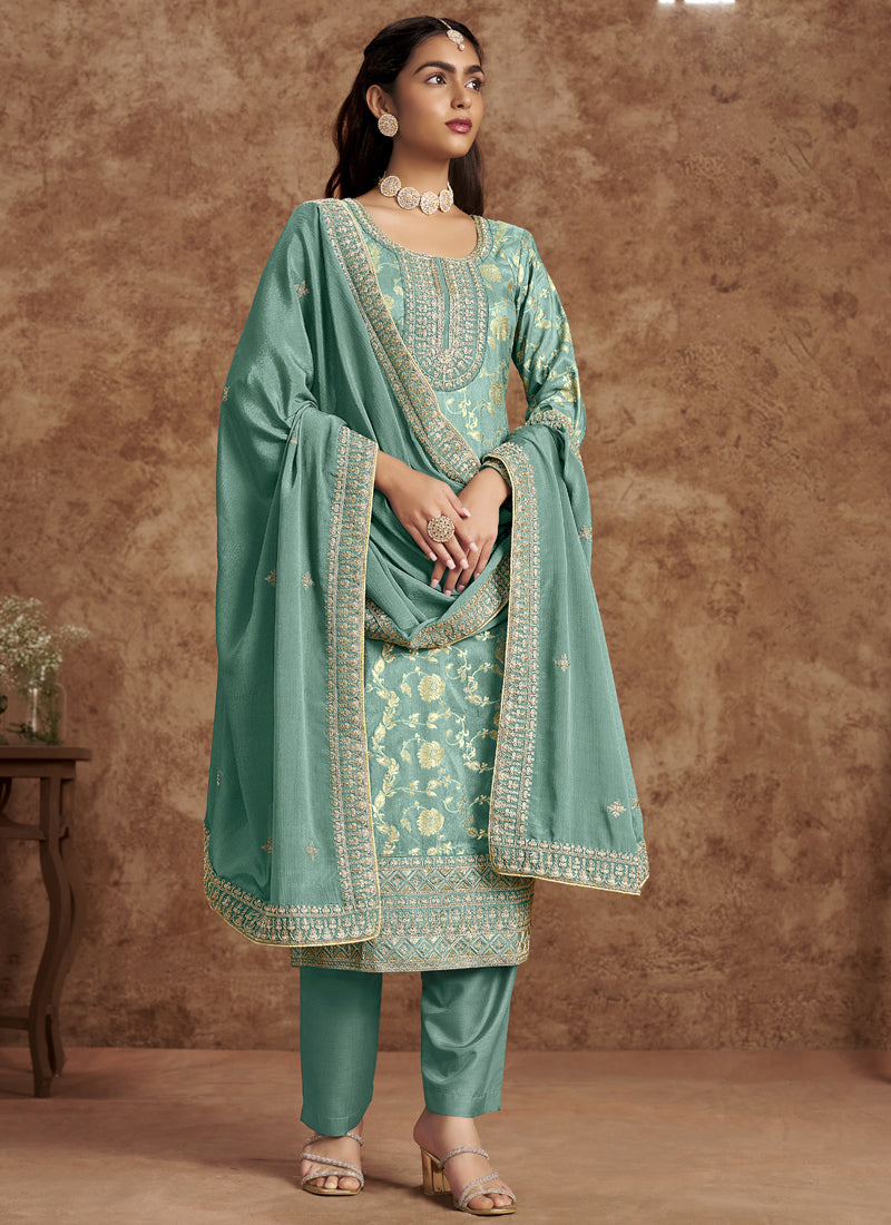 Vegaa Fashion Sky Blue Dola Silk Jacquard Designer Salwar Suit | Grocsy