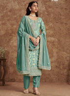 Vegaa Fashion Sky Blue Dola Silk Jacquard Designer Salwar Suit | Grocsy
