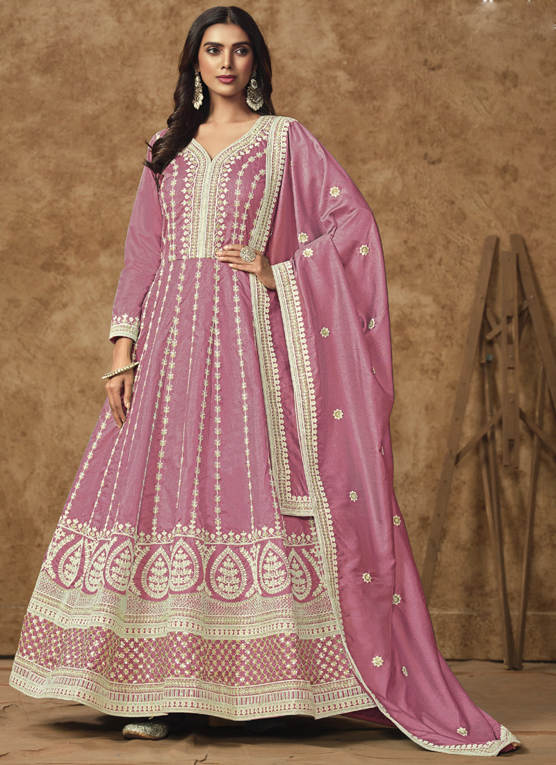 Vegaa Fashion Pink Dola Silk Embroidered Anarkali Suit | Grocsy