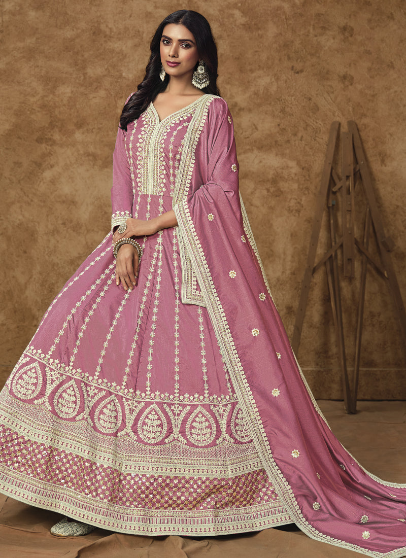 Vegaa Fashion Pink Dola Silk Embroidered Anarkali Suit | Grocsy