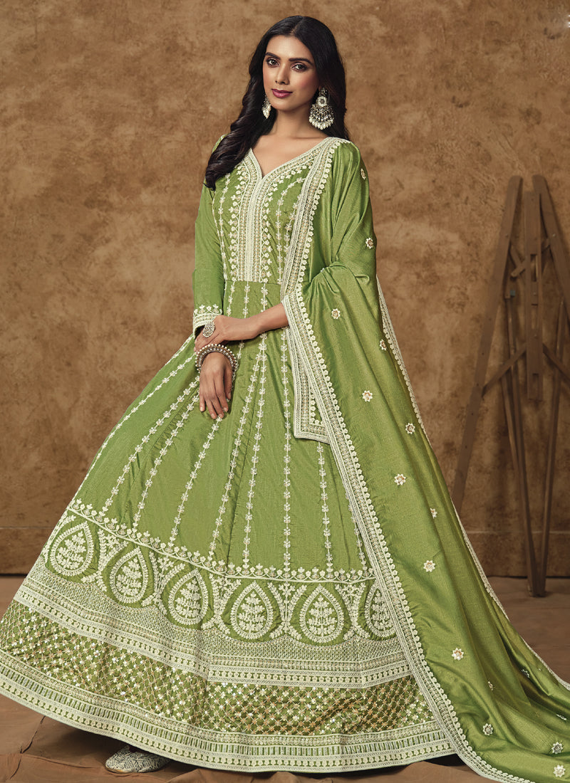 Vegaa Fashion Light Green Dola Silk Embroidered Anarkali Suit | Grocsy