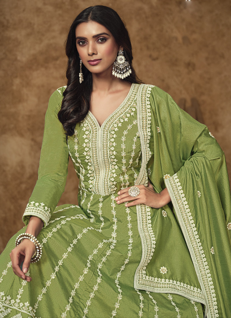 Vegaa Fashion Light Green Dola Silk Embroidered Anarkali Suit | Grocsy