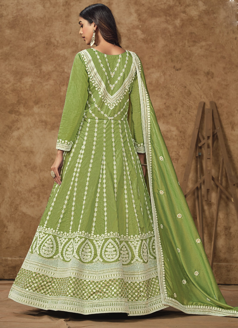 Vegaa Fashion Light Green Dola Silk Embroidered Anarkali Suit | Grocsy