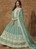 Vegaa Fashion Sea Green Dola Silk Embroidered Anarkali Suit | Grocsy
