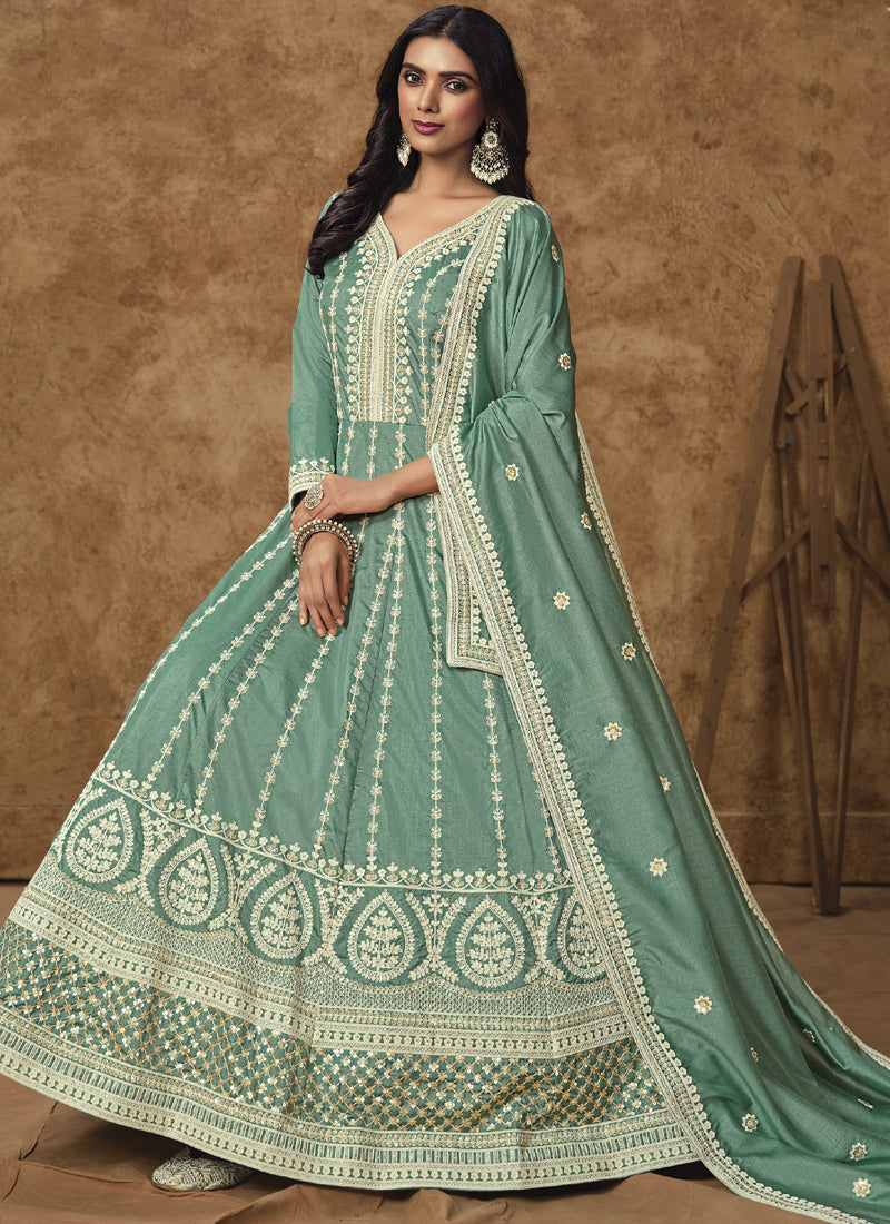 Vegaa Fashion Sea Green Dola Silk Embroidered Anarkali Suit | Grocsy