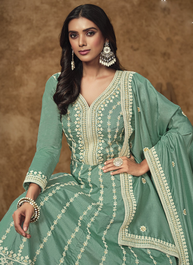 Vegaa Fashion Sea Green Dola Silk Embroidered Anarkali Suit | Grocsy