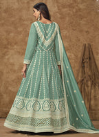 Vegaa Fashion Sea Green Dola Silk Embroidered Anarkali Suit | Grocsy