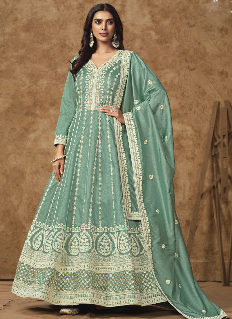 Vegaa Fashion Sea Green Dola Silk Embroidered Anarkali Suit | Grocsy