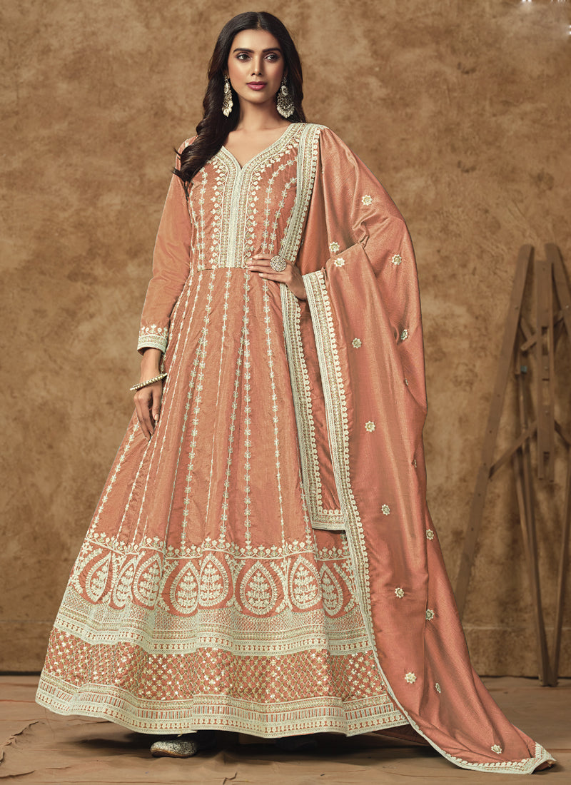 Vegaa Fashion Light Orange Dola Silk Embroidered Anarkali Suit | Grocsy