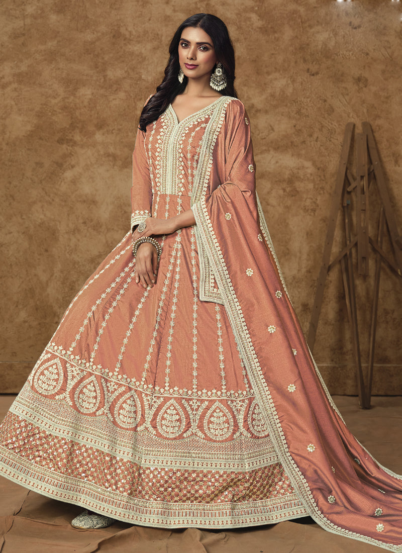 Vegaa Fashion Light Orange Dola Silk Embroidered Anarkali Suit | Grocsy