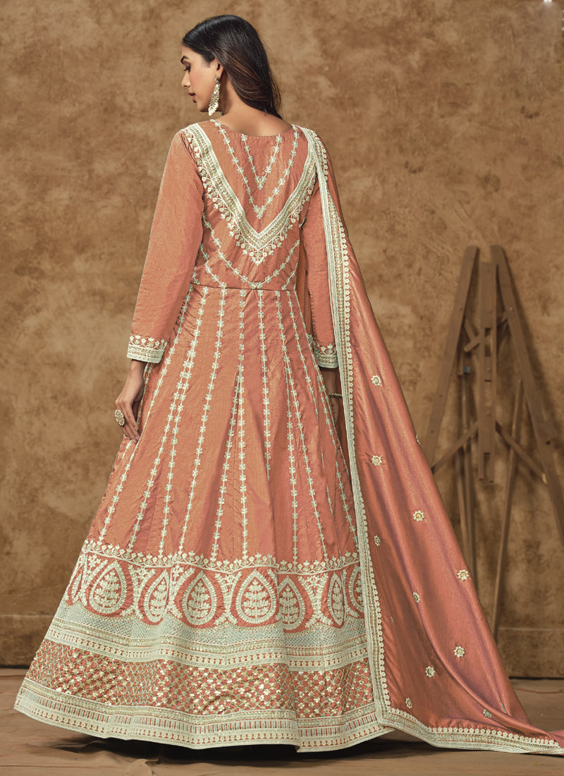 Vegaa Fashion Light Orange Dola Silk Embroidered Anarkali Suit | Grocsy