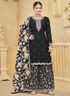 Vegaa Fashion Black Roman Silk Embroidered Palazzo Suit | Grocsy