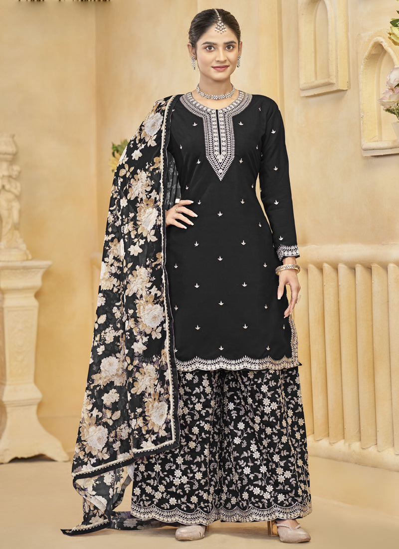 Vegaa Fashion Black Roman Silk Embroidered Palazzo Suit | Grocsy