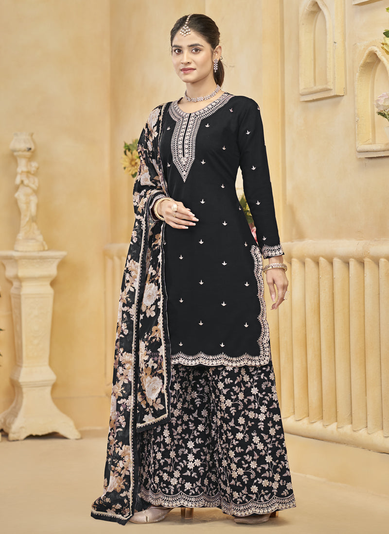 Vegaa Fashion Black Roman Silk Embroidered Palazzo Suit | Grocsy