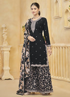 Vegaa Fashion Black Roman Silk Embroidered Palazzo Suit | Grocsy