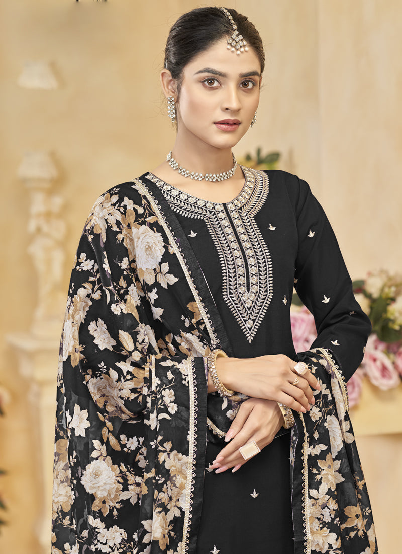Vegaa Fashion Black Roman Silk Embroidered Palazzo Suit | Grocsy