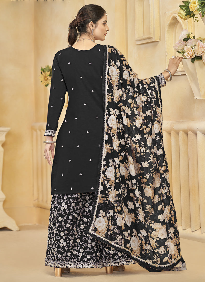 Vegaa Fashion Black Roman Silk Embroidered Palazzo Suit | Grocsy