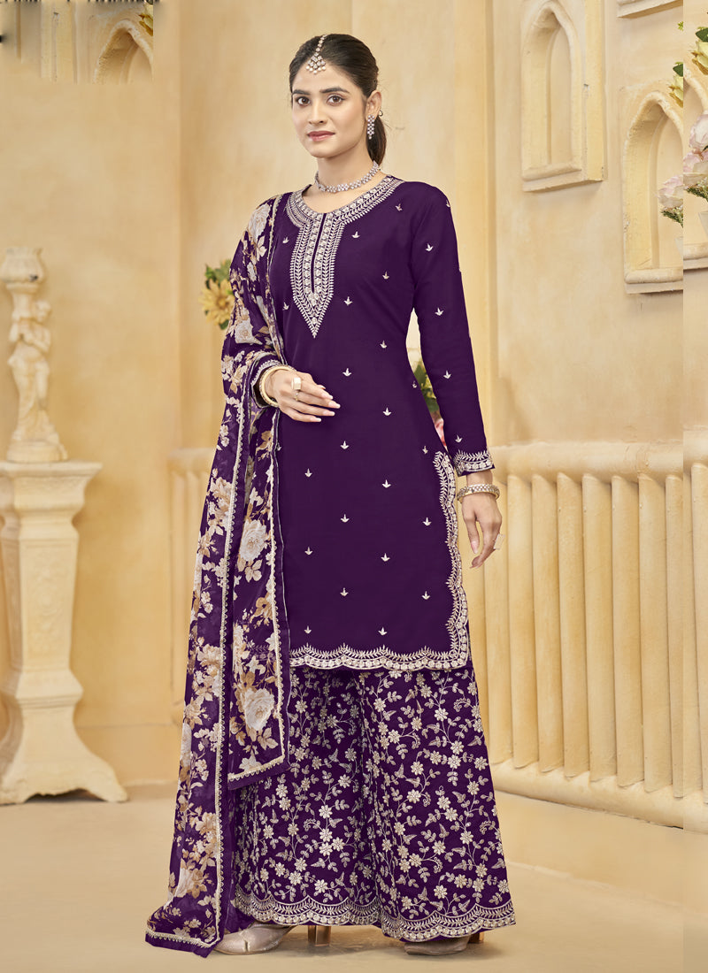 Vegaa Fashion Violet Roman Silk Embroidered Palazzo Suit | Grocsy