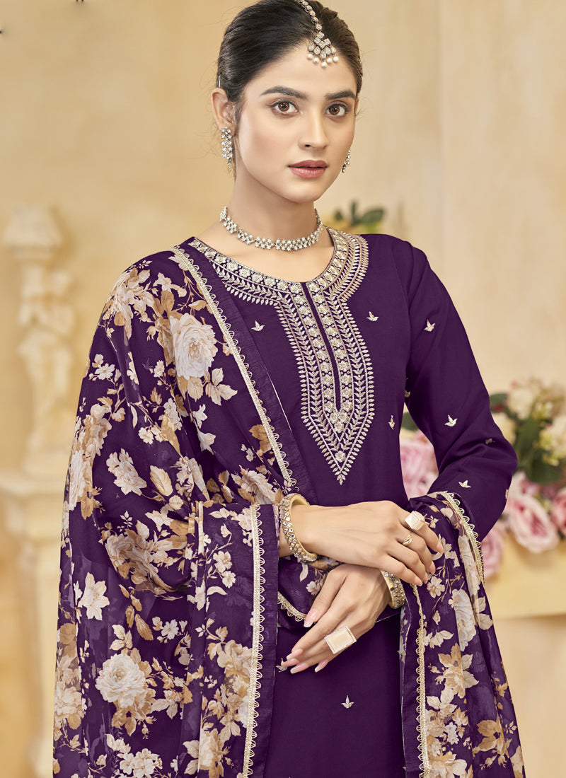 Vegaa Fashion Violet Roman Silk Embroidered Palazzo Suit | Grocsy