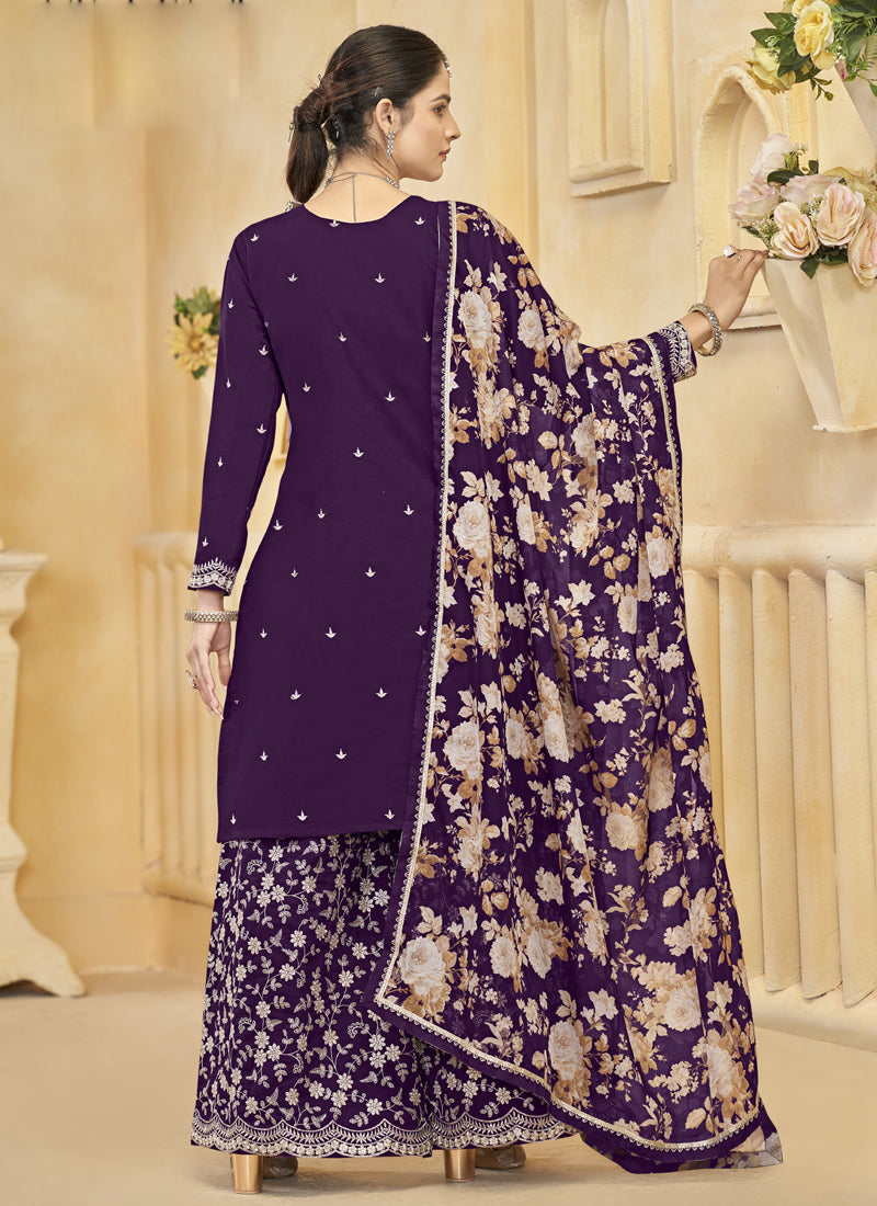 Vegaa Fashion Violet Roman Silk Embroidered Palazzo Suit | Grocsy