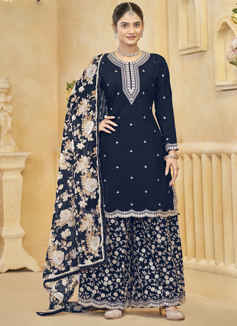Vegaa Fashion Navy Blue Roman Silk Embroidered Palazzo Suit | Grocsy