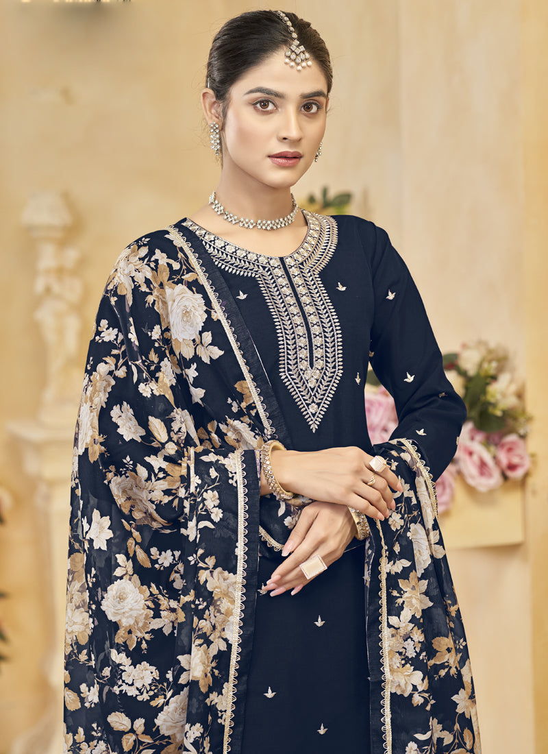Vegaa Fashion Navy Blue Roman Silk Embroidered Palazzo Suit | Grocsy