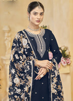 Vegaa Fashion Navy Blue Roman Silk Embroidered Palazzo Suit | Grocsy