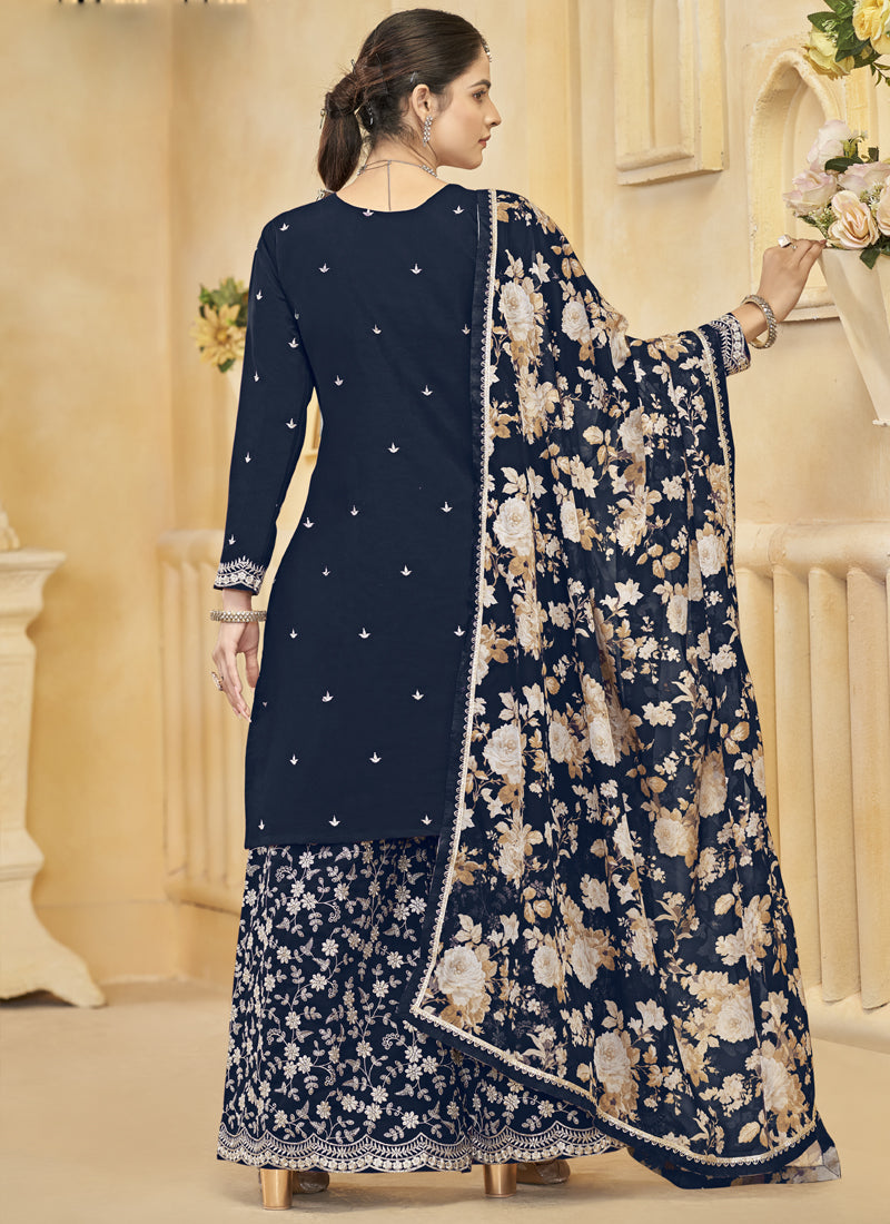 Vegaa Fashion Navy Blue Roman Silk Embroidered Palazzo Suit | Grocsy