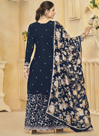 Vegaa Fashion Navy Blue Roman Silk Embroidered Palazzo Suit | Grocsy