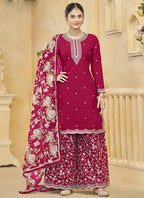 Vegaa Fashion Rani Pink Roman Silk Embroidered Palazzo Suit | Grocsy