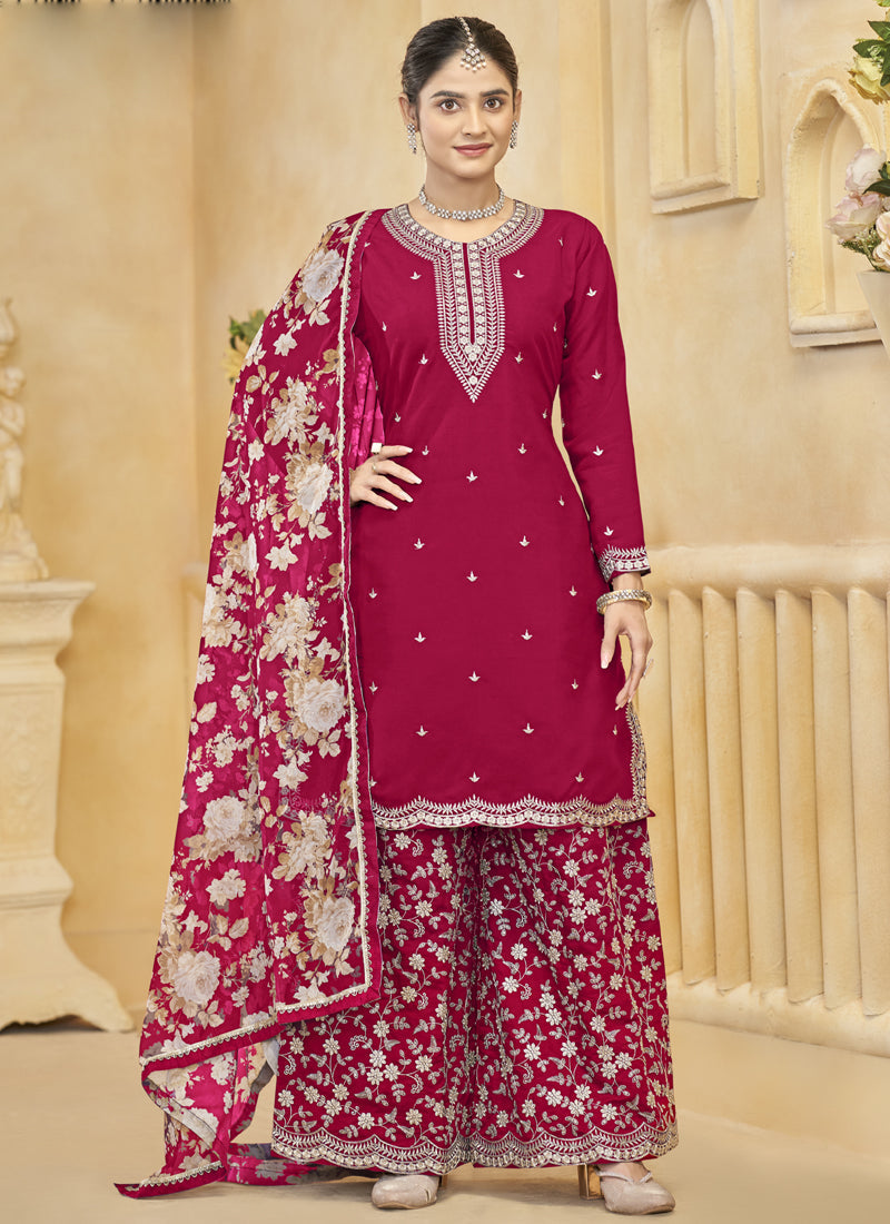 Vegaa Fashion Rani Pink Roman Silk Embroidered Palazzo Suit | Grocsy