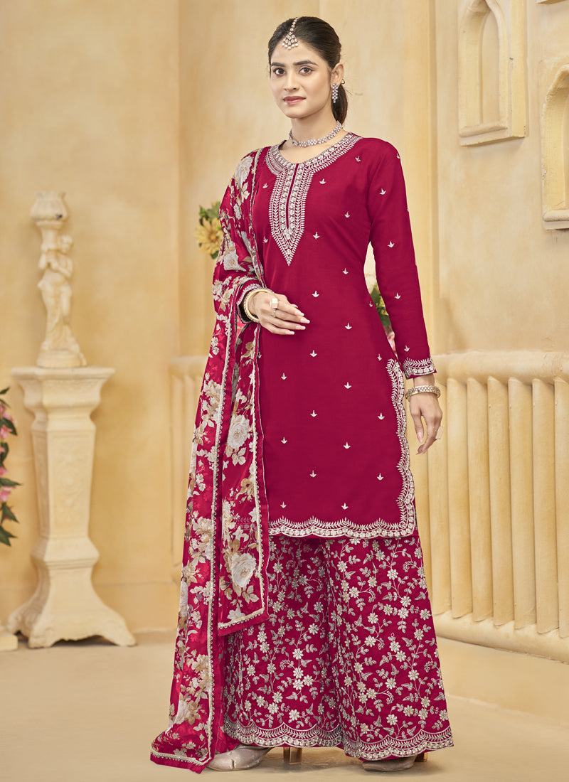 Vegaa Fashion Rani Pink Roman Silk Embroidered Palazzo Suit | Grocsy