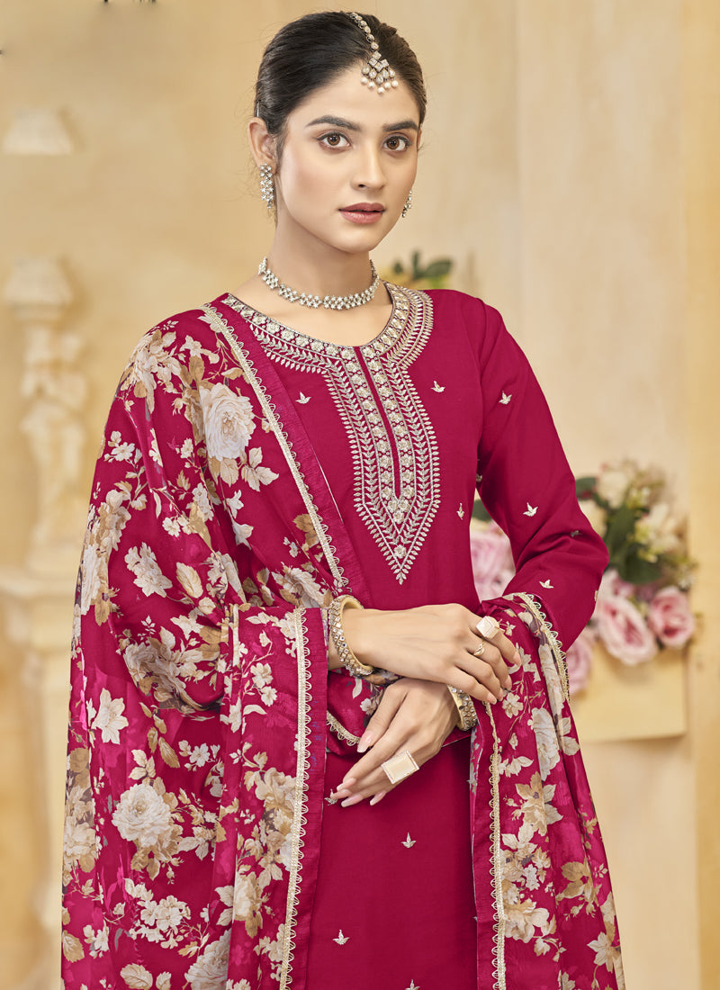Vegaa Fashion Rani Pink Roman Silk Embroidered Palazzo Suit | Grocsy