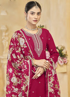 Vegaa Fashion Rani Pink Roman Silk Embroidered Palazzo Suit | Grocsy