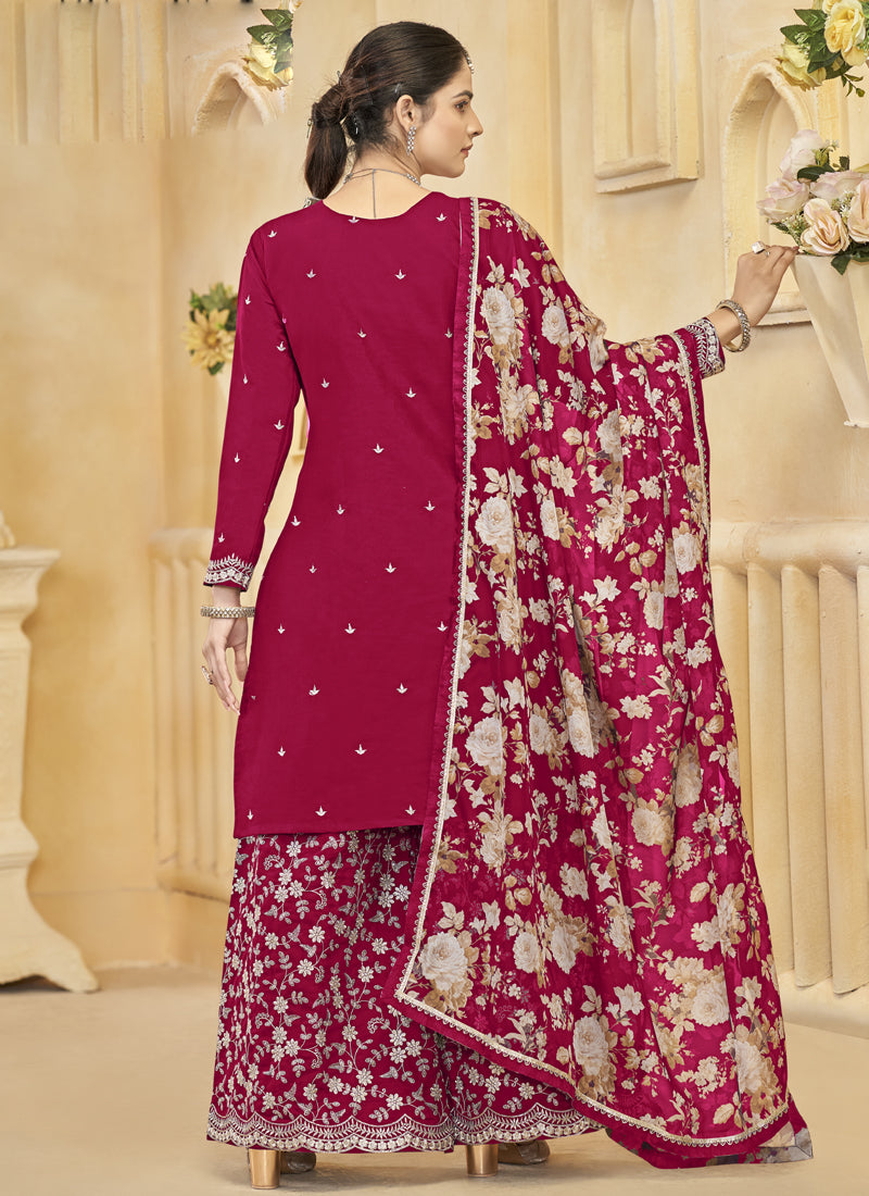 Vegaa Fashion Rani Pink Roman Silk Embroidered Palazzo Suit | Grocsy
