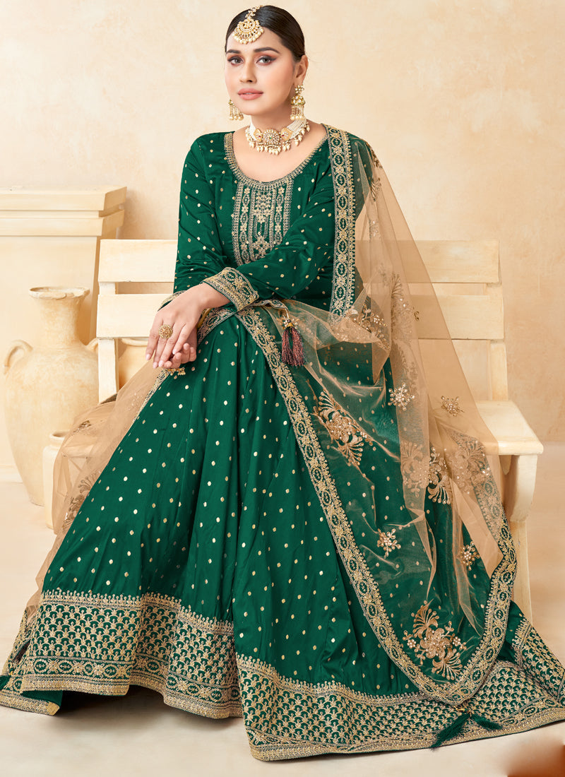 Vegaa Fashion Designer Green Tafeta Silk Embroidery Anarkali Suit | Grocsy