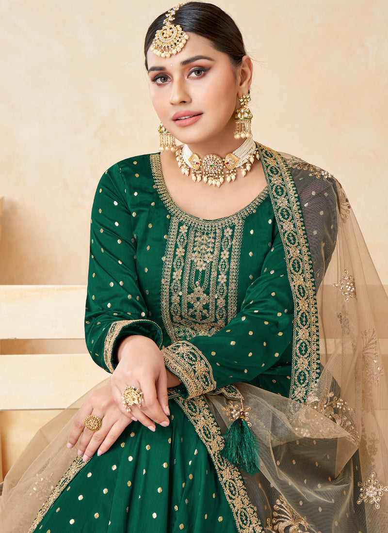Vegaa Fashion Designer Green Tafeta Silk Embroidery Anarkali Suit | Grocsy