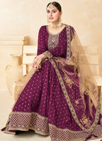 Vegaa Fashion Designer Wine Tafeta Silk Embroidery Anarkali Suit | Grocsy
