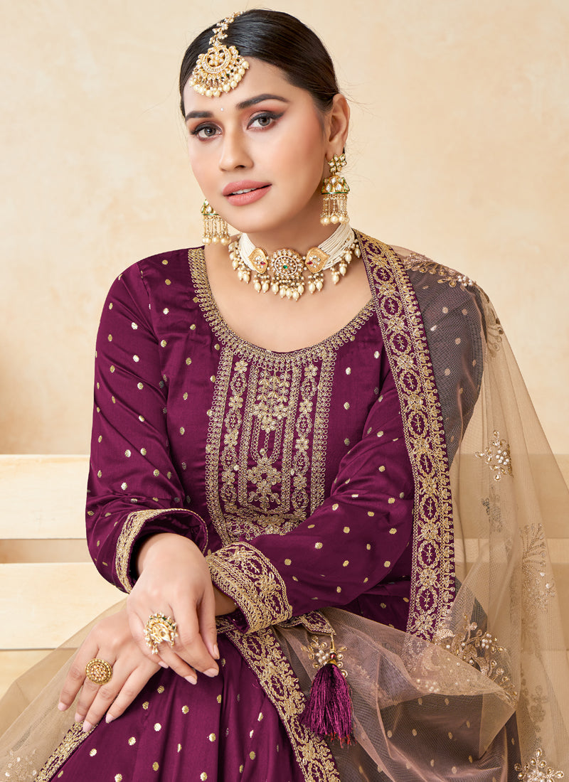 Vegaa Fashion Designer Wine Tafeta Silk Embroidery Anarkali Suit | Grocsy