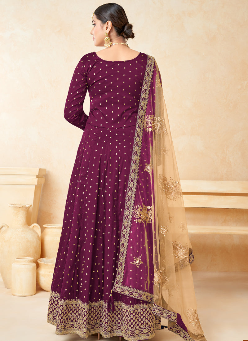 Vegaa Fashion Designer Wine Tafeta Silk Embroidery Anarkali Suit | Grocsy