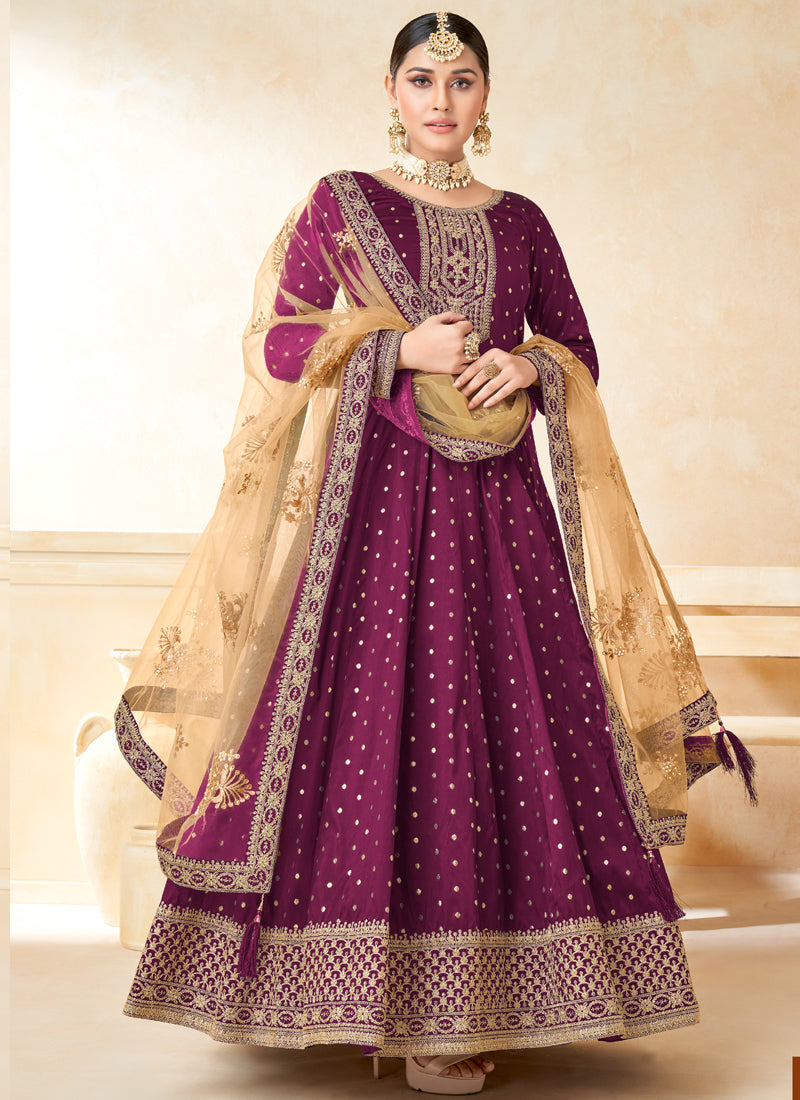 Vegaa Fashion Designer Wine Tafeta Silk Embroidery Anarkali Suit | Grocsy