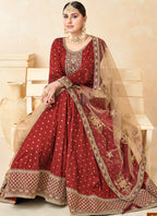 Vegaa Fashion Designer Red Tafeta Silk Embroidery Anarkali Suit | Grocsy