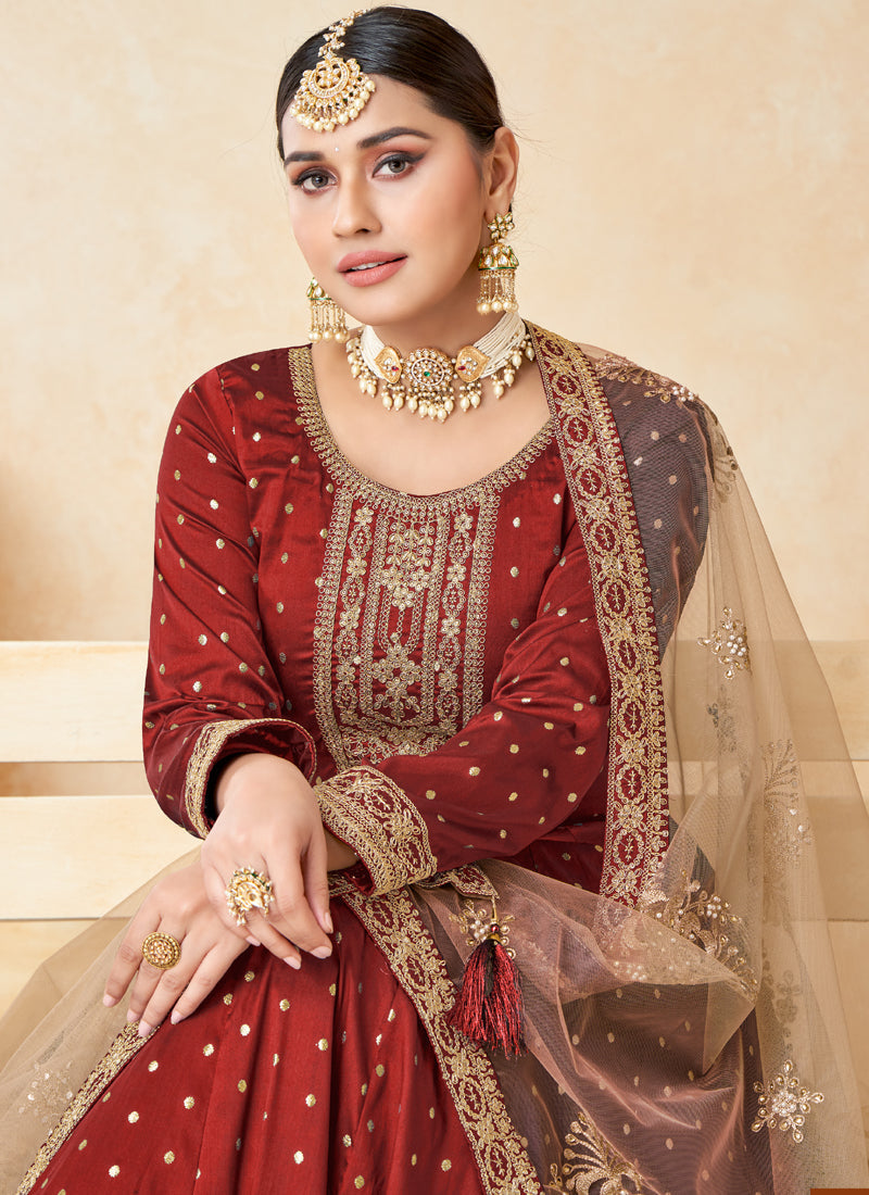 Vegaa Fashion Designer Red Tafeta Silk Embroidery Anarkali Suit | Grocsy