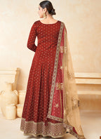 Vegaa Fashion Designer Red Tafeta Silk Embroidery Anarkali Suit | Grocsy